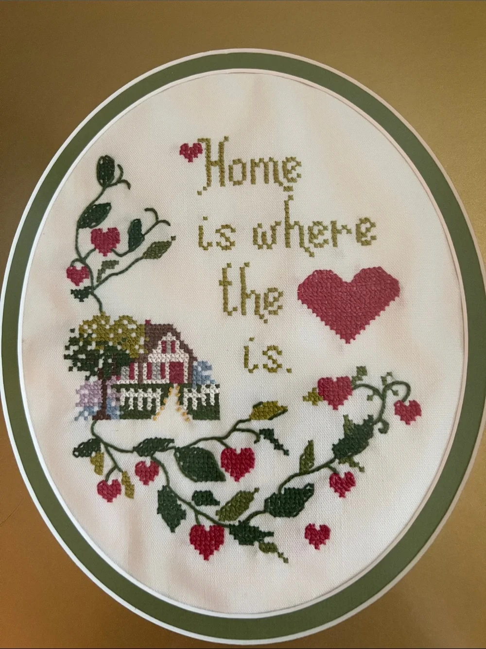 Framed Vintage Cross Stitched Home is Where the Heart Is Wall Art - Gold Brown